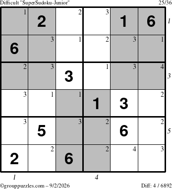 The grouppuzzles.com Difficult SuperSudoku-Junior puzzle for Wednesday September 2, 2026 with all 4 steps marked