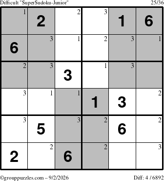 The grouppuzzles.com Difficult SuperSudoku-Junior puzzle for Wednesday September 2, 2026 with the first 3 steps marked