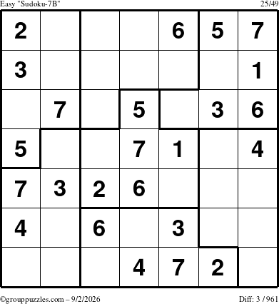 The grouppuzzles.com Easy Sudoku-7B puzzle for Wednesday September 2, 2026