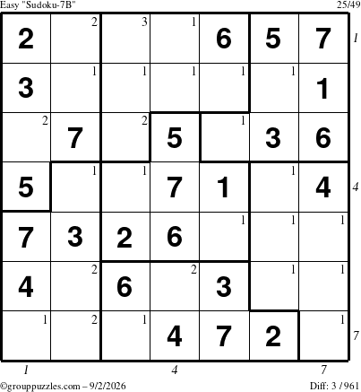The grouppuzzles.com Easy Sudoku-7B puzzle for Wednesday September 2, 2026, suitable for printing, with all 3 steps marked