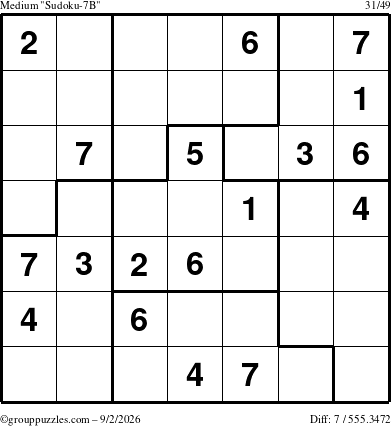 The grouppuzzles.com Medium Sudoku-7B puzzle for Wednesday September 2, 2026