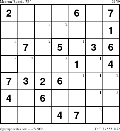 The grouppuzzles.com Medium Sudoku-7B puzzle for Wednesday September 2, 2026 with the first 3 steps marked