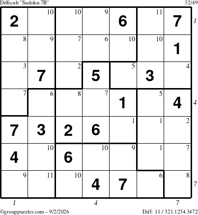 The grouppuzzles.com Difficult Sudoku-7B puzzle for Wednesday September 2, 2026, suitable for printing, with all 11 steps marked