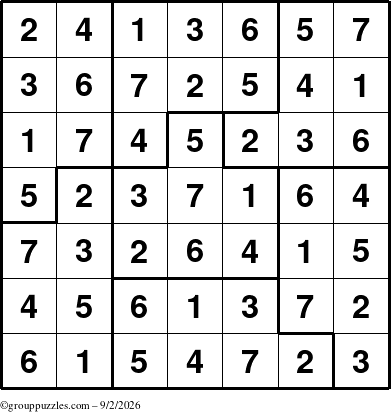 The grouppuzzles.com Answer grid for the Sudoku-7B puzzle for Wednesday September 2, 2026