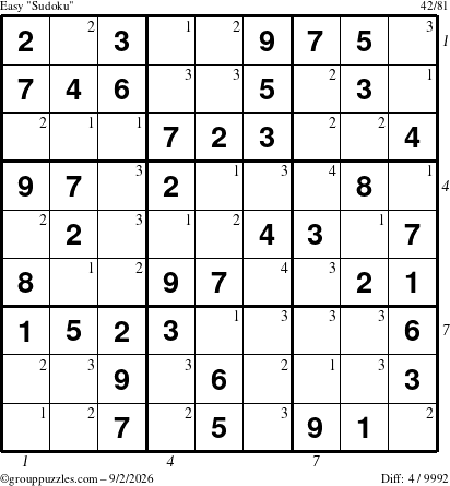 The grouppuzzles.com Easy Sudoku puzzle for Wednesday September 2, 2026 with all 4 steps marked