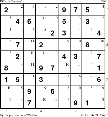 The grouppuzzles.com Difficult Sudoku puzzle for Wednesday September 2, 2026, suitable for printing, with all 11 steps marked
