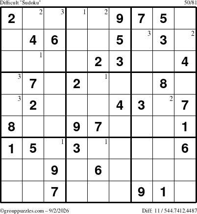 The grouppuzzles.com Difficult Sudoku puzzle for Wednesday September 2, 2026 with the first 3 steps marked