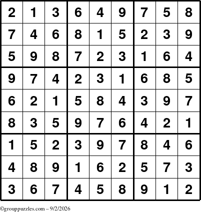 The grouppuzzles.com Answer grid for the Sudoku puzzle for Wednesday September 2, 2026