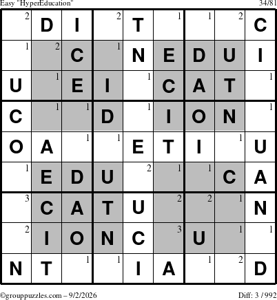 The grouppuzzles.com Easy HyperEducation-i23 puzzle for Wednesday September 2, 2026 with the first 3 steps marked