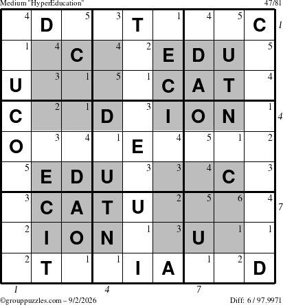 The grouppuzzles.com Medium HyperEducation-i23 puzzle for Wednesday September 2, 2026, suitable for printing, with all 6 steps marked