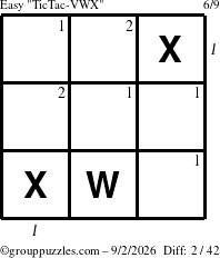 The grouppuzzles.com Easy TicTac-VWX puzzle for Wednesday September 2, 2026, suitable for printing, with all 2 steps marked