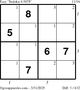 The grouppuzzles.com Easy Sudoku-4-5678 puzzle for Monday March 31, 2025, suitable for printing, with all 3 steps marked