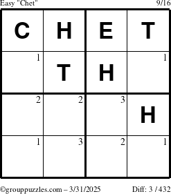 The grouppuzzles.com Easy Chet puzzle for Monday March 31, 2025 with the first 3 steps marked