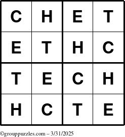 The grouppuzzles.com Answer grid for the Chet puzzle for Monday March 31, 2025