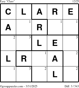 The grouppuzzles.com Easy Clare puzzle for Monday March 31, 2025 with the first 3 steps marked