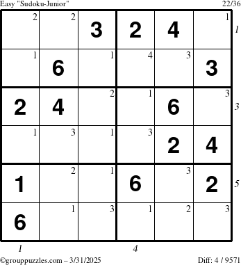 The grouppuzzles.com Easy Sudoku-Junior puzzle for Monday March 31, 2025, suitable for printing, with all 4 steps marked