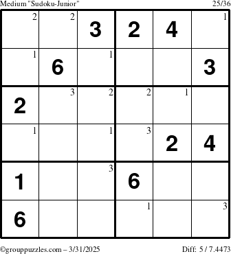 The grouppuzzles.com Medium Sudoku-Junior puzzle for Monday March 31, 2025 with the first 3 steps marked