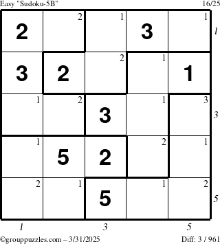 The grouppuzzles.com Easy Sudoku-5B puzzle for Monday March 31, 2025, suitable for printing, with all 3 steps marked