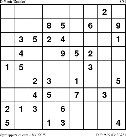 The grouppuzzles.com Difficult Sudoku puzzle for Monday March 31, 2025