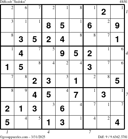 The grouppuzzles.com Difficult Sudoku puzzle for Monday March 31, 2025 with all 9 steps marked