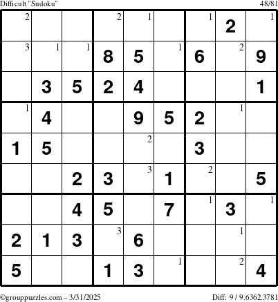 The grouppuzzles.com Difficult Sudoku puzzle for Monday March 31, 2025 with the first 3 steps marked