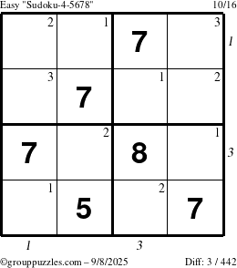 The grouppuzzles.com Easy Sudoku-4-5678 puzzle for Monday September 8, 2025 with all 3 steps marked