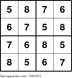 The grouppuzzles.com Answer grid for the Sudoku-4-5678 puzzle for Monday September 8, 2025