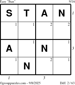 The grouppuzzles.com Easy Stan puzzle for Monday September 8, 2025, suitable for printing, with all 2 steps marked