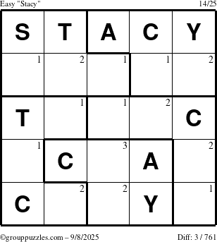 The grouppuzzles.com Easy Stacy puzzle for Monday September 8, 2025 with the first 3 steps marked
