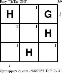 The grouppuzzles.com Easy TicTac-GHI puzzle for Monday September 8, 2025, suitable for printing, with all 2 steps marked