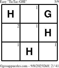The grouppuzzles.com Easy TicTac-GHI puzzle for Monday September 8, 2025 with the first 2 steps marked