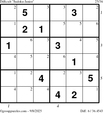 The grouppuzzles.com Difficult Sudoku-Junior puzzle for Monday September 8, 2025, suitable for printing, with all 6 steps marked