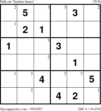 The grouppuzzles.com Difficult Sudoku-Junior puzzle for Monday September 8, 2025 with the first 3 steps marked