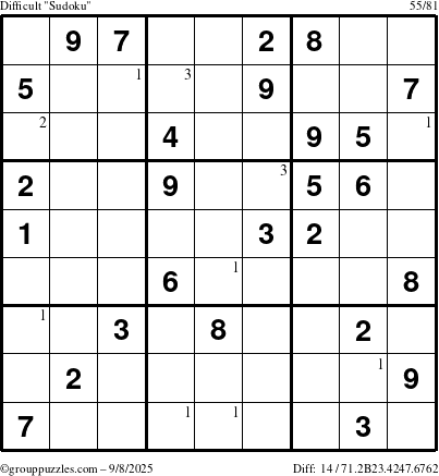 The grouppuzzles.com Difficult Sudoku puzzle for Monday September 8, 2025 with the first 3 steps marked