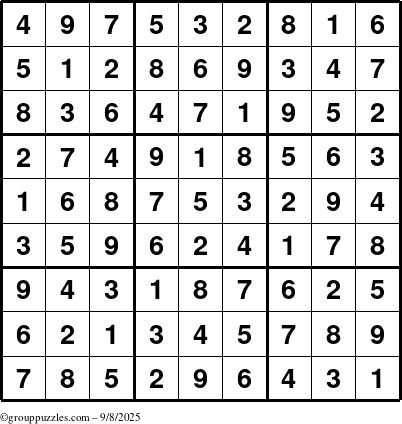 The grouppuzzles.com Answer grid for the Sudoku puzzle for Monday September 8, 2025