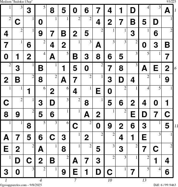 The grouppuzzles.com Medium Sudoku-15up puzzle for Monday September 8, 2025, suitable for printing, with all 6 steps marked