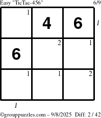 The grouppuzzles.com Easy TicTac-456 puzzle for Monday September 8, 2025, suitable for printing, with all 2 steps marked