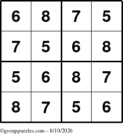 The grouppuzzles.com Answer grid for the Sudoku-4-5678 puzzle for Monday August 10, 2026