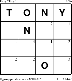 The grouppuzzles.com Easy Tony puzzle for Monday August 10, 2026 with the first 3 steps marked