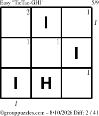 The grouppuzzles.com Easy TicTac-GHI puzzle for Monday August 10, 2026 with all 2 steps marked