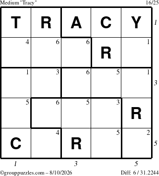 The grouppuzzles.com Medium Tracy puzzle for Monday August 10, 2026, suitable for printing, with all 6 steps marked