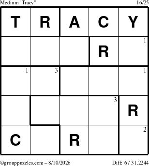 The grouppuzzles.com Medium Tracy puzzle for Monday August 10, 2026 with the first 3 steps marked