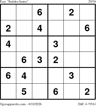 The grouppuzzles.com Easy Sudoku-Junior puzzle for Monday August 10, 2026