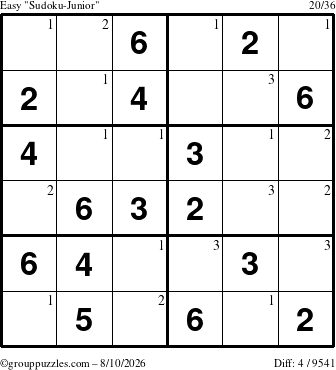 The grouppuzzles.com Easy Sudoku-Junior puzzle for Monday August 10, 2026 with the first 3 steps marked
