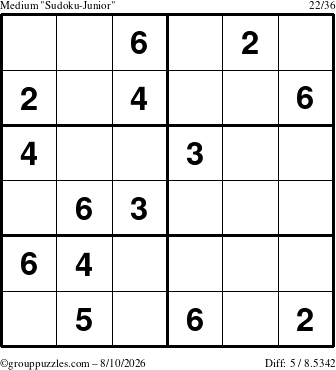 The grouppuzzles.com Medium Sudoku-Junior puzzle for Monday August 10, 2026