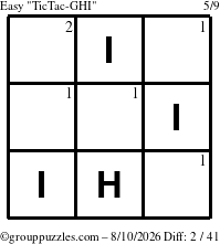 The grouppuzzles.com Easy TicTac-GHI puzzle for Monday August 10, 2026 with the first 2 steps marked