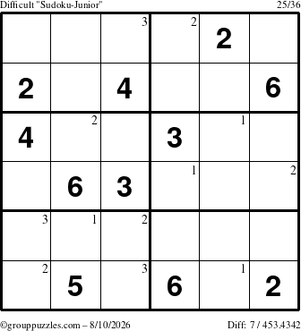 The grouppuzzles.com Difficult Sudoku-Junior puzzle for Monday August 10, 2026 with the first 3 steps marked