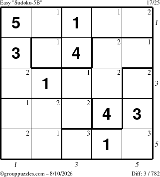 The grouppuzzles.com Easy Sudoku-5B puzzle for Monday August 10, 2026 with all 3 steps marked