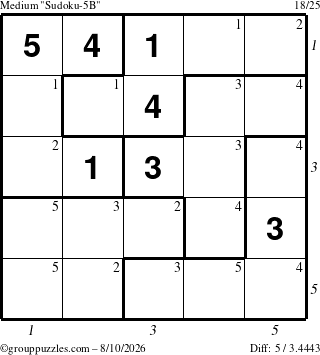 The grouppuzzles.com Medium Sudoku-5B puzzle for Monday August 10, 2026, suitable for printing, with all 5 steps marked
