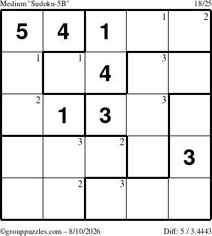 The grouppuzzles.com Medium Sudoku-5B puzzle for Monday August 10, 2026 with the first 3 steps marked